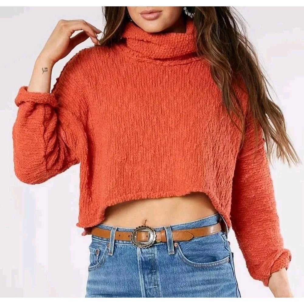 Free People Rust Boucle Cropped Turtleneck Sweater Small Boho
